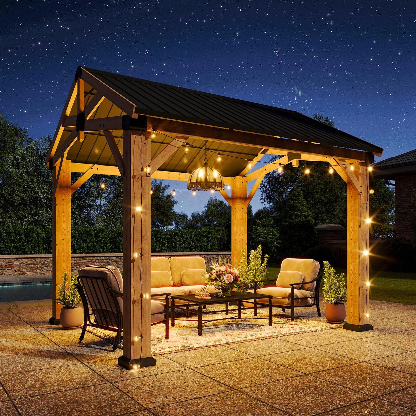Aoxun 10' x 10' Outdoor Wood Gazebo, Hardtop Gazebo Permanent Wooden Pavilion with Galvanized Steel Gable Roof, for Patio, Garden, Backyard, Cedar Wood