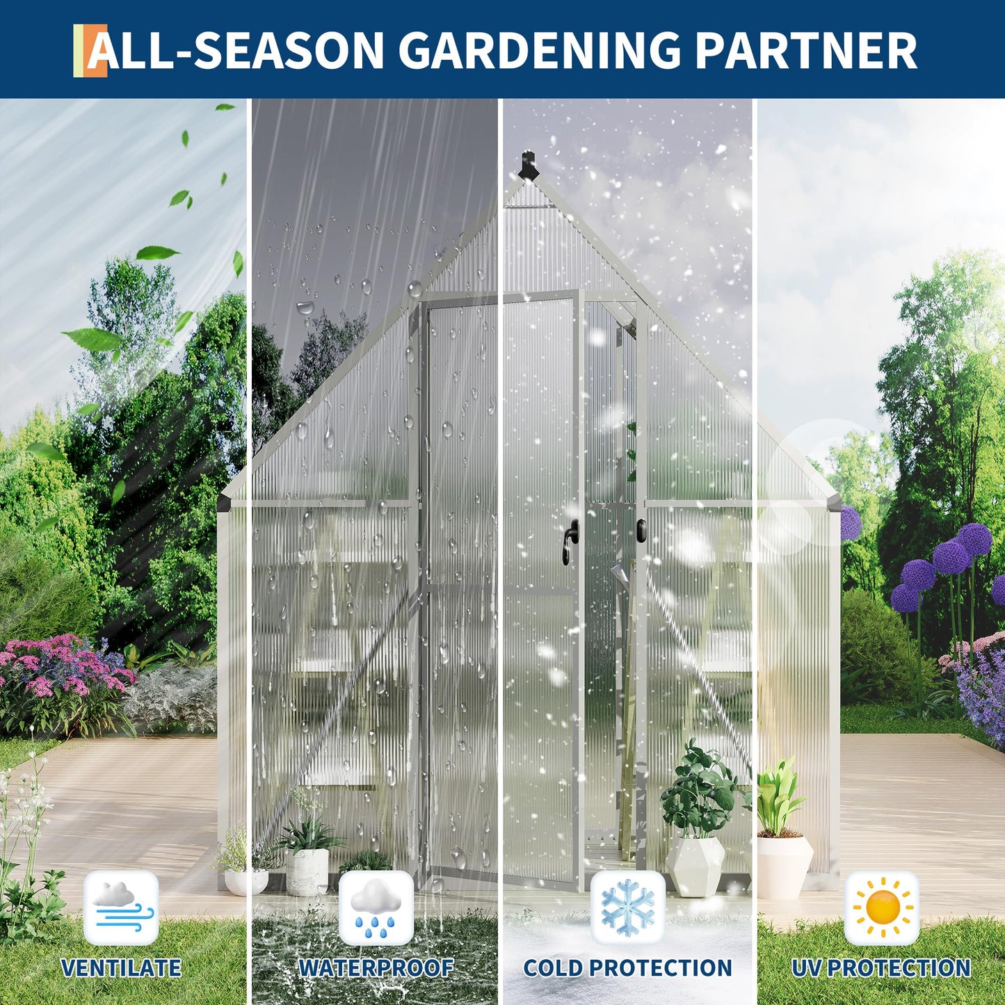 GarveeLife 6X4FT Polycarbonate Greenhouse with Aluminum Frame, Polycarbonate Greenhouse for Outdoors, Greenhouses with Ventilation, Aluminum Large Walk-in Greenhouses for Outside