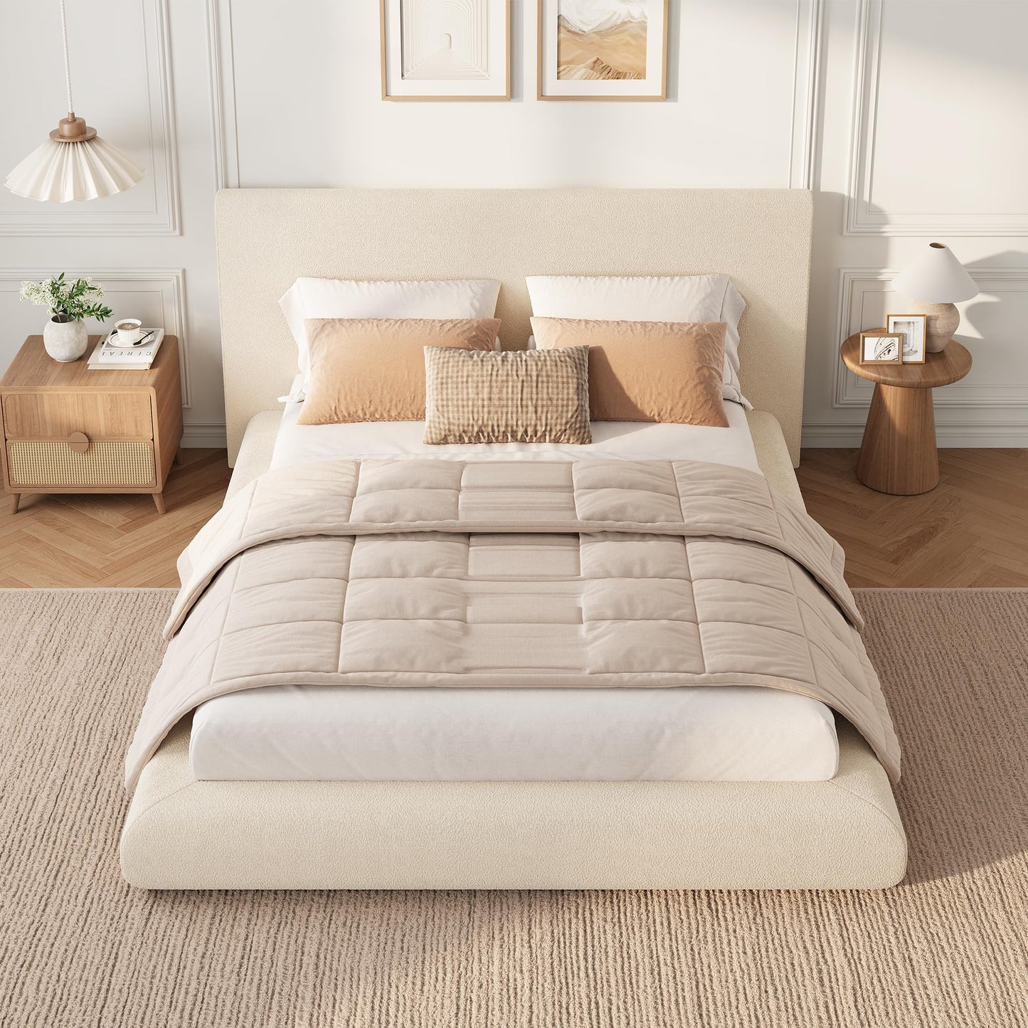 Garvee Queen Size Bed Frame with Upholstered Headboard, Modern Cloud Platform Bed Queen, No Box Spring Needed, Easy Assembly, Soft Plush Fabric, White