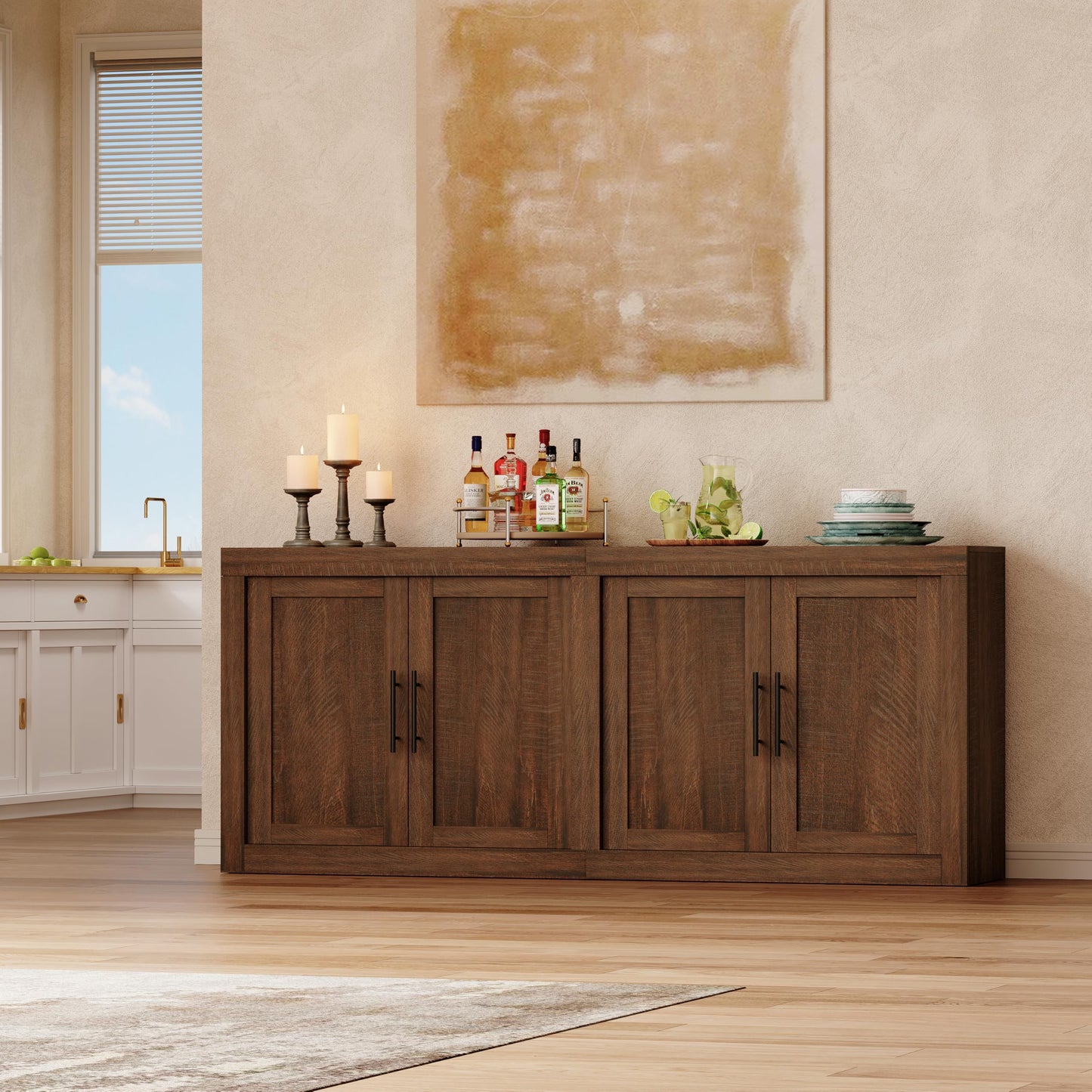 GarveeHome 70.8 in Sideboard Buffet Cabinet with Storage, Mid Century Modern Accent Cabinet with 4 Doors, Wood Coffee Bar Media Console Credenza for Living Room, Kitchen, Hallway, Brown
