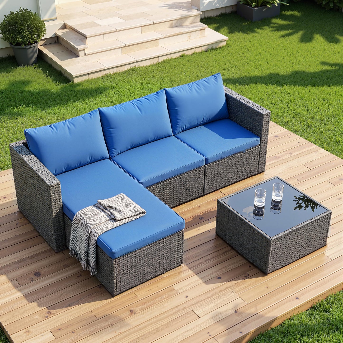 Shintenchi 4 Pieces Patio Furniture Set, 2-in-1 Convertible Sectional Sofa & Chaise Lounge, All-Weather Wicker Rattan Sofa Couch with Cushions & Coffee Table for Yard, Garden, Porch, Poolside (Blue)