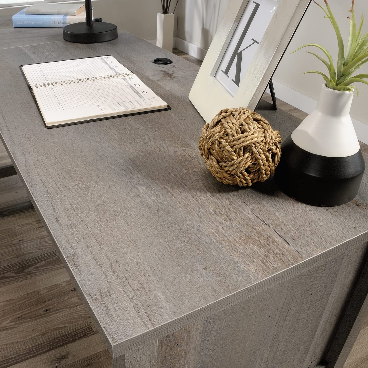Sauder Cottage Road L Shaped Desk Computer Desk with Drawers, Home Office Desk with Optional File Cabinet Storage, Cable Management, in Mystic Oak Finish