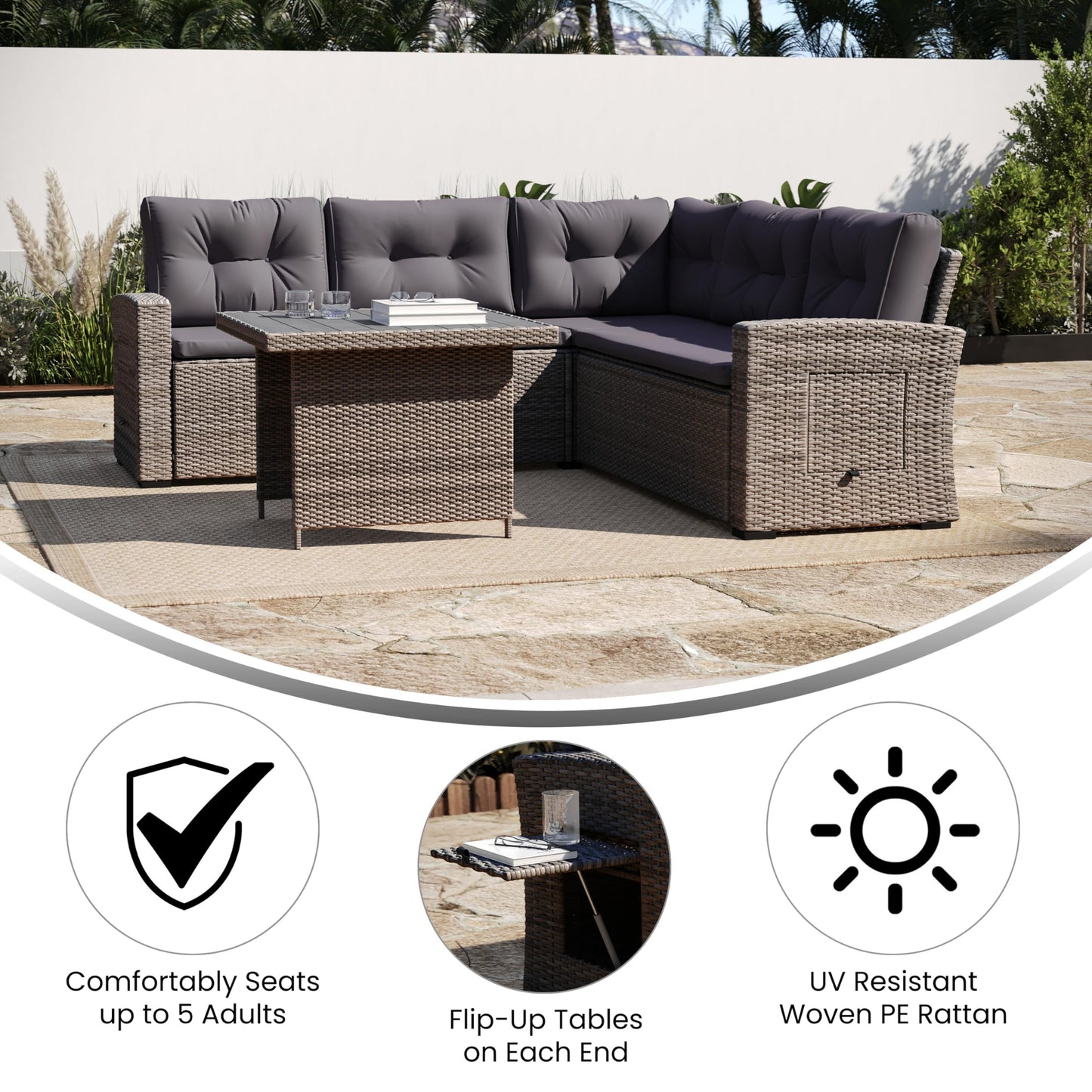 Flash Furniture Huck Wicker Rattan Conversation Set, Versatile Indoor/Outdoor Use, L-Shaped Sofa and Dining Table, Weather-Resistant Cushions, Gray