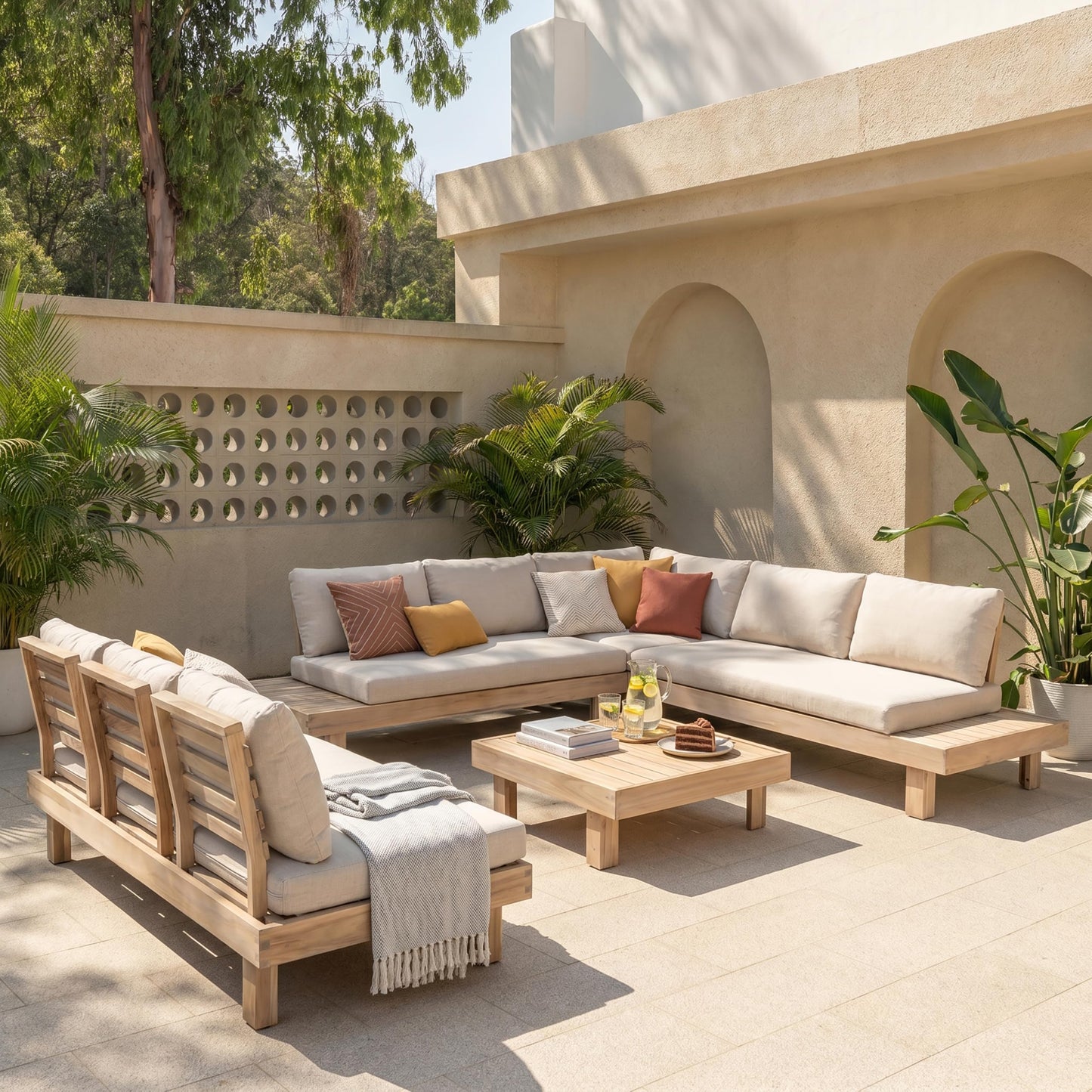 Merax 5 Piece Paito 8-Seaters Conversation Set, All-Weather Acacia Wood L-Shaped Sofa with Side Tables and 3-Seater Sofa Bed with Cushions,Outdoor Sectional Couch Set for Backyard, Light White+Sand