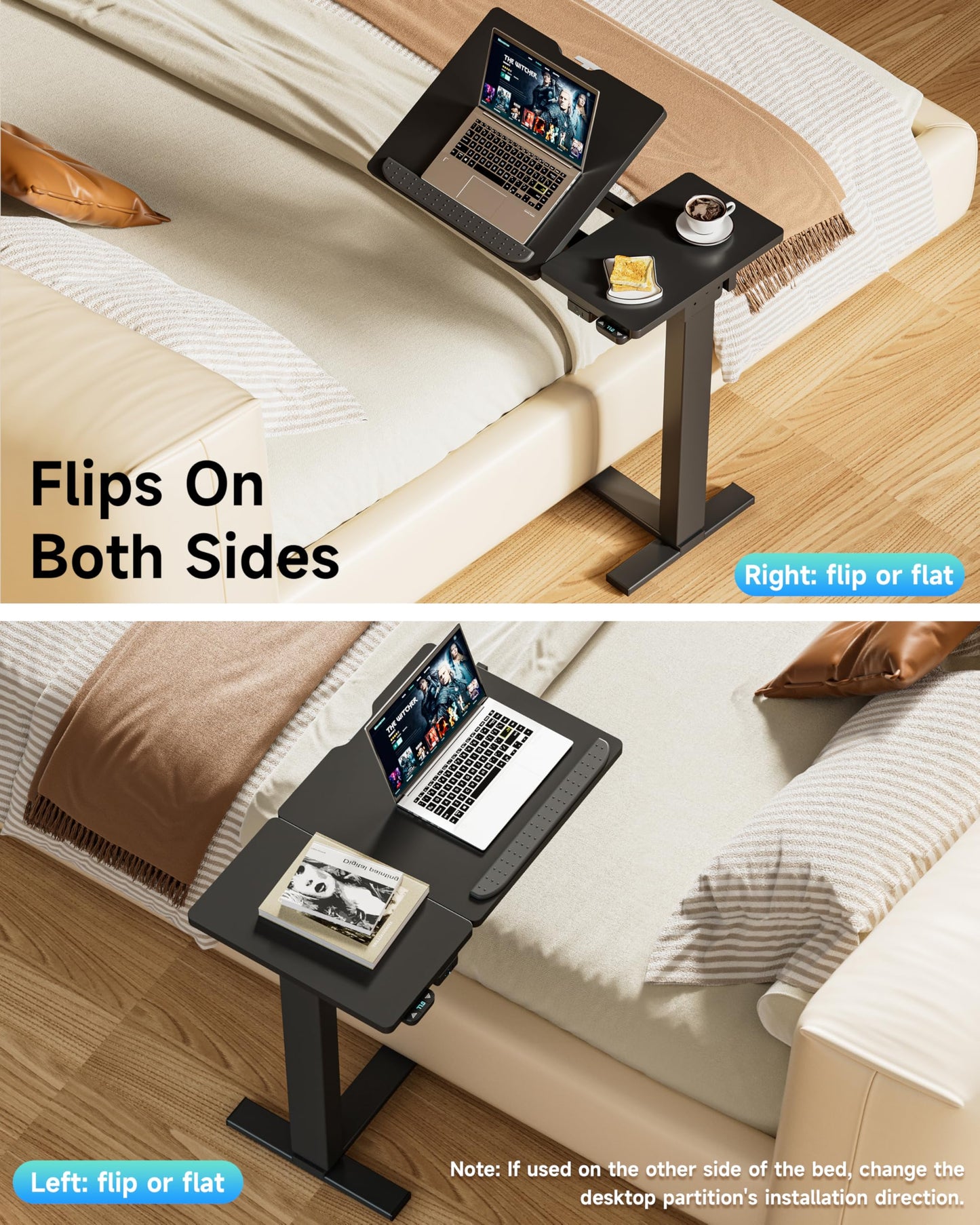 BIZUM Small Electric Standing Desk, Overbed Table Wireless Tilt Top with Hidden Wheels, 27.6×15.8 Inch Adjustable Rolling Laptop Desk, USB-C Rechargeable Battery, Black