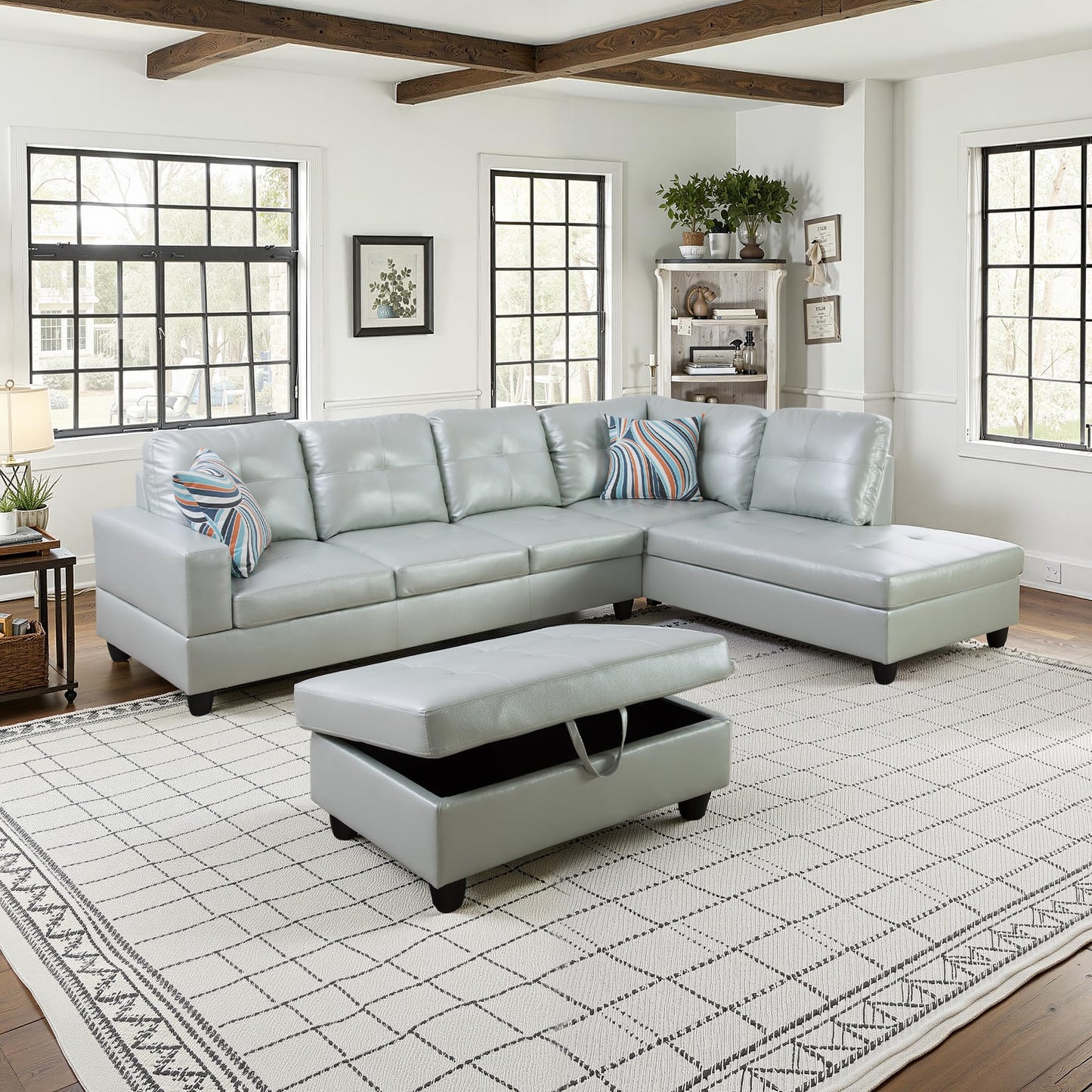 NicBex Sectional Couch 3 Pieces Sofa Set, L-Shaped Modular Couches for Living Room, Furniture Sets with Lounge Chaise & Storage Ottoman, Multi-Scene Use for Apartment & Office, Silver Green