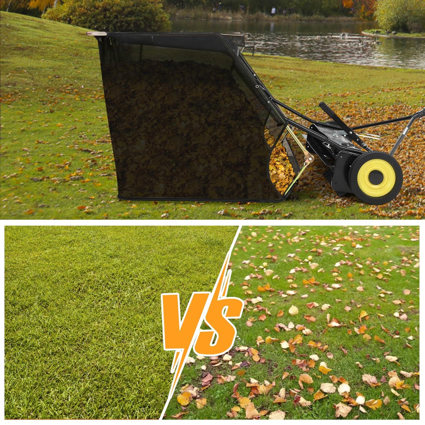 52" Heavy Duty Tow Behind Lawn Sweeper - 26 Cu.ft Hopper, Adjustable Sweeping Height, Pull Behind Yard Sweeper for Leaves, Grass & Debris, Compatible with Riding Mowers, Tractors, ATVs, Black