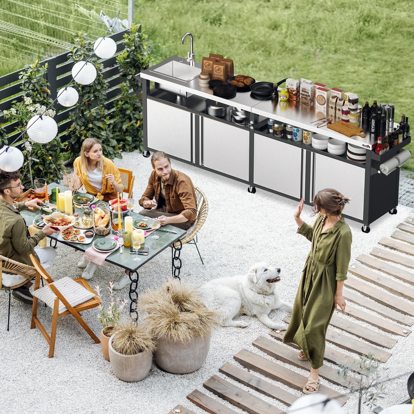 Stanbroil Rolling Outdoor Kitchen Island with Stainless Steel Table Top & Storage Cabinets, Sink&Faucet Included, Extra Large