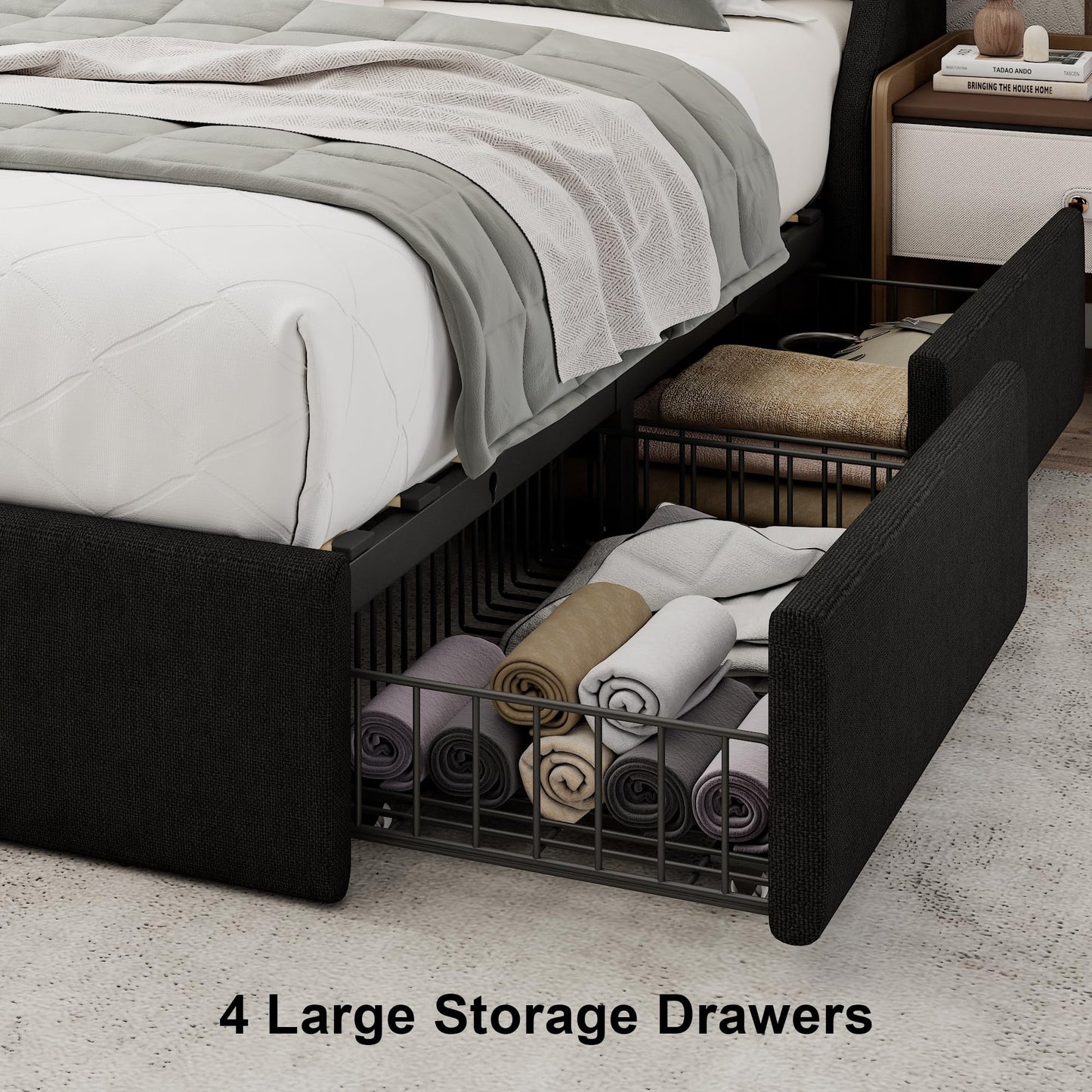 Einhomn Queen Bed Frame with 4 Storage Drawers, Upholstered Modern Bed Frame with Wingback Headboard, Charging Station, No Box Spring Needed, Easy Assembly, Black