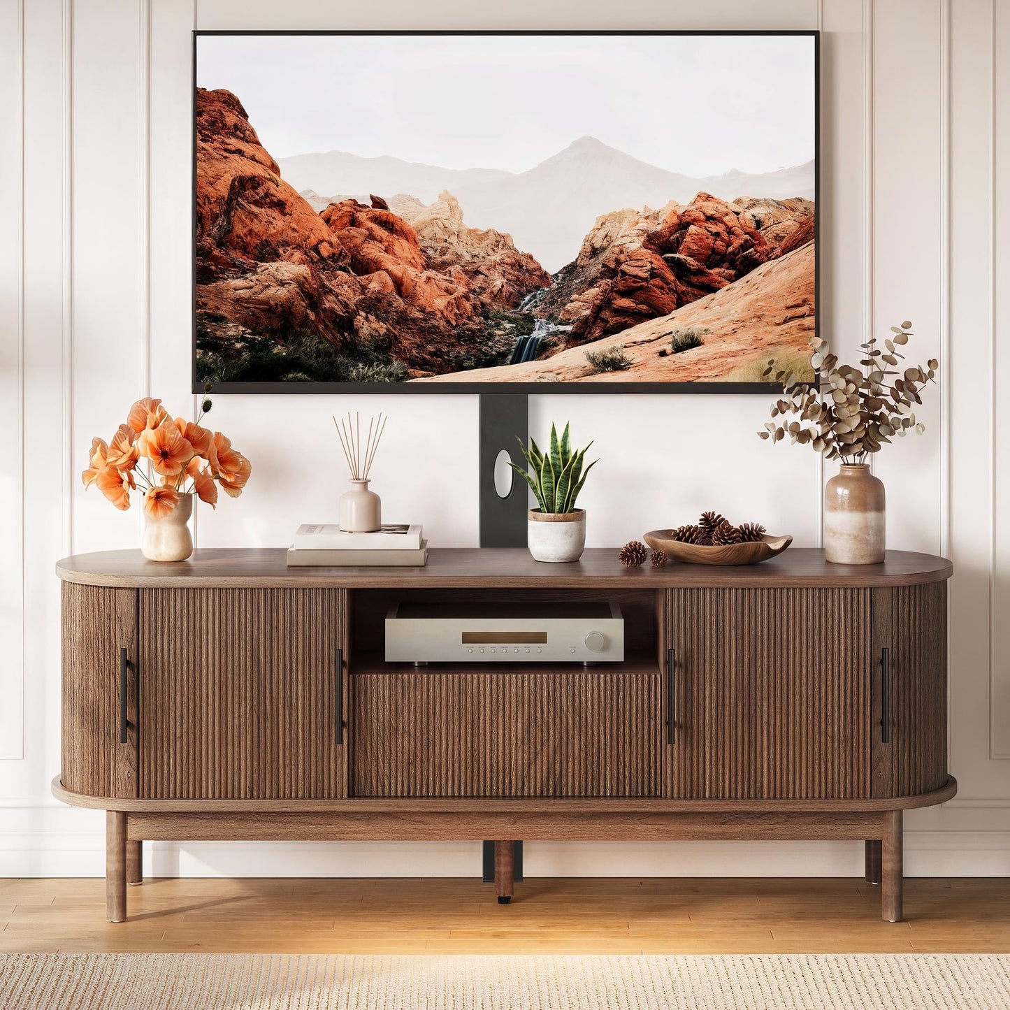 YITAHOME 60 Inch Fluted TV Stand with Adjustable TV Mount for 32-70 Inch TVs, Modern Curved Entertainment Center with Fluted Sliding Doors & Drawer, Media Console for Living Room, Walnut