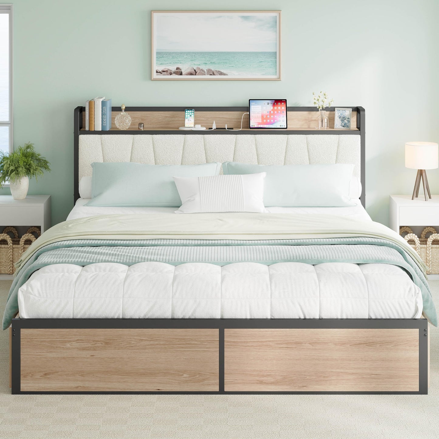 LIKIMIO California King Bed Frame with 4 Storage Drawers, Platform Bed with Charged Headboard, Sturdy and Stable, No Noise, No Box Spring Needed, Easy to Install, Wood and Cream