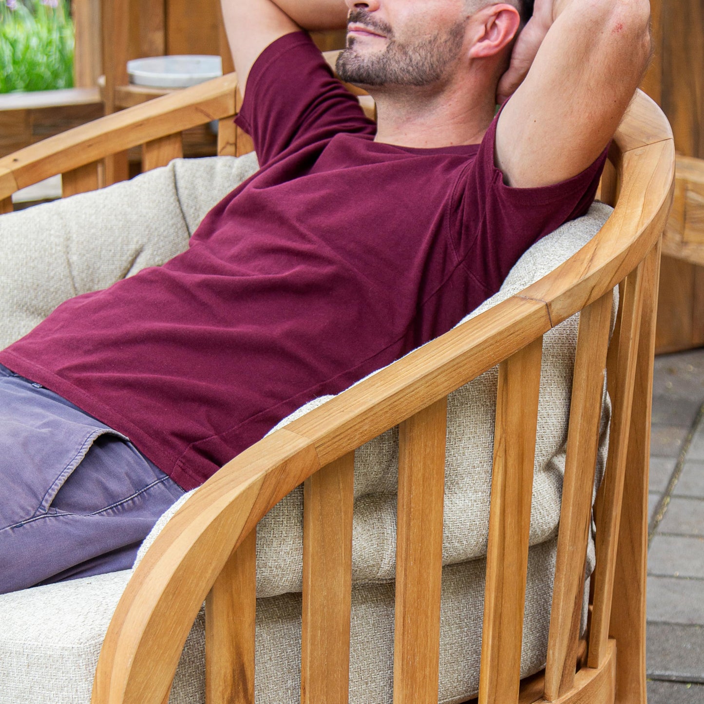 Cambridge Casual Bronte 3-Piece Teak Outdoor Lounge Set – 2 Oversized Lounge Chairs with Tufted Backrest Cushions & Teak Side Table with Honey-Core Wicker Shelf