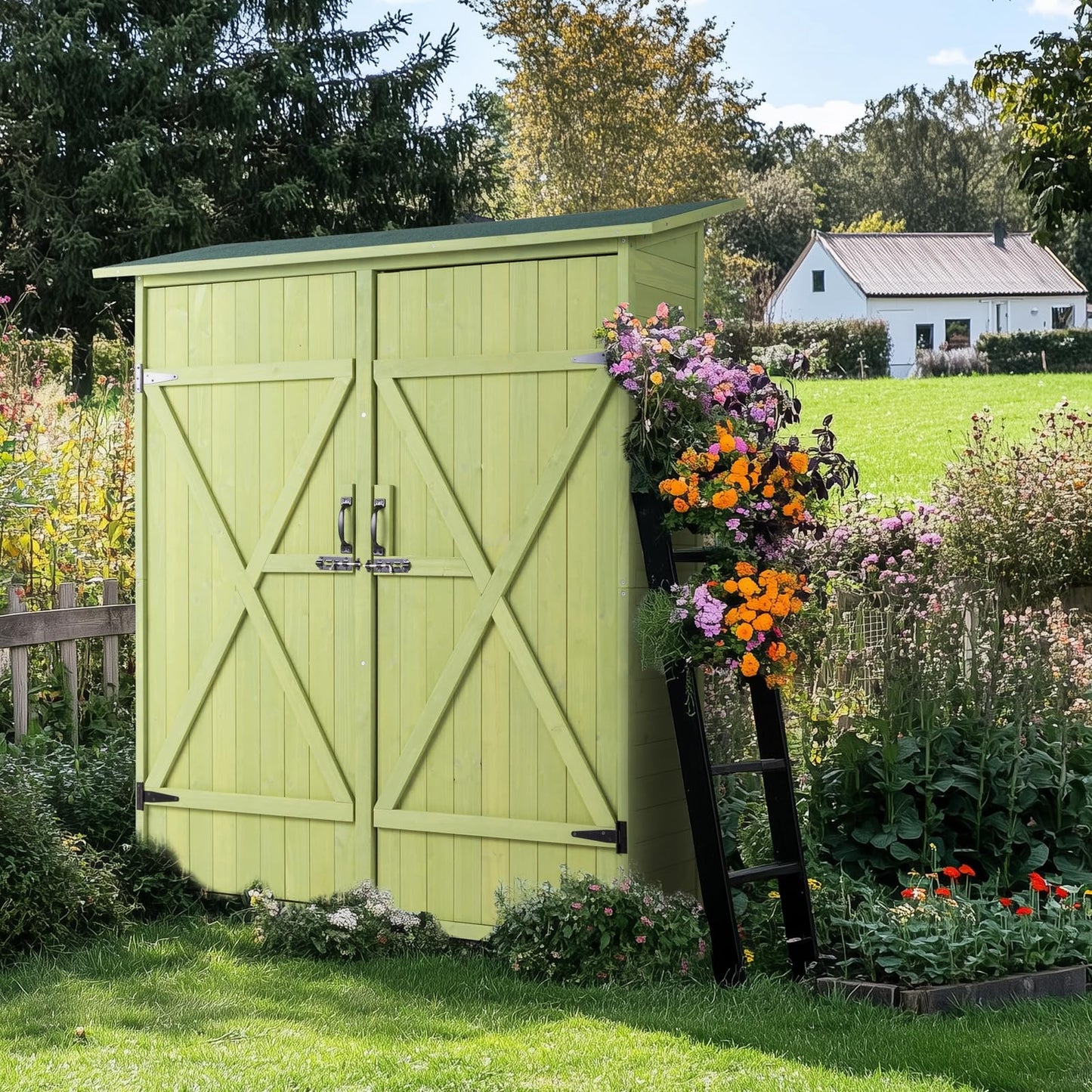 VINGLI Upgraded Outdoor Wooden Storage Shed, Extra Large Garden Shed Outside Tool Cabinet with 2 Safety Latches, Patio Storage Organizer for Garden Yard Lawn Equipment, Light Green