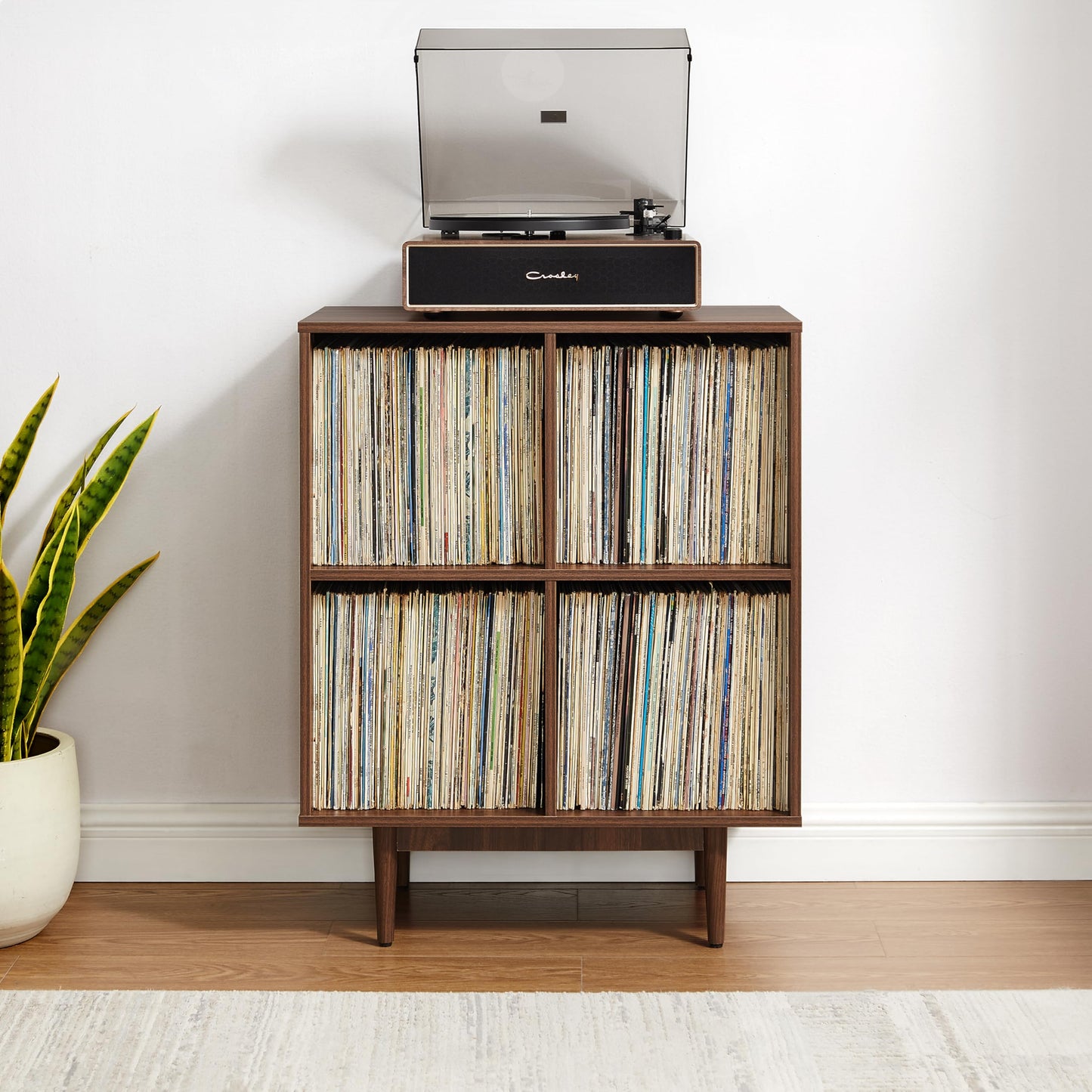 Crosley Furniture Liam Vinyl Record Storage 4 Cube Media Stand for Turntables, Mid-Century Modern Bookshelf, Walnut