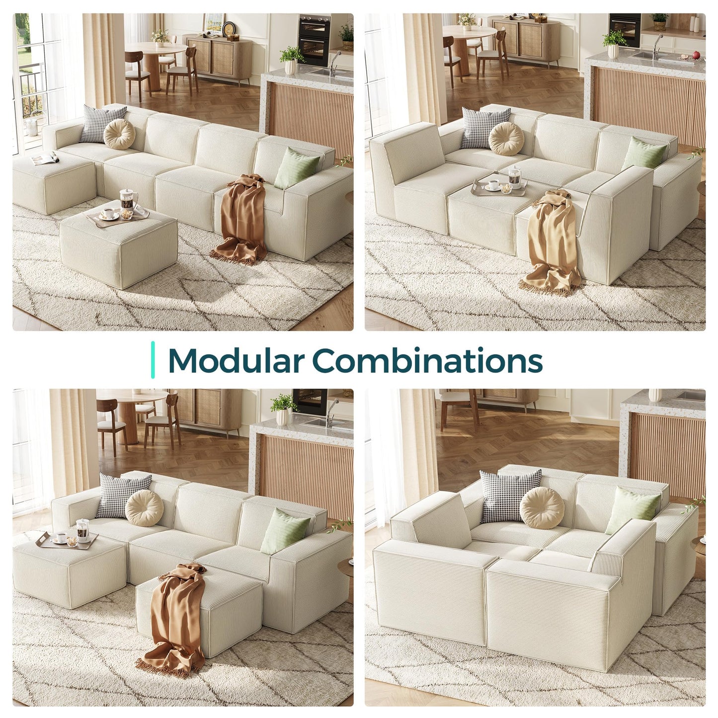 LINSY HOME Modular Sectional Sofa, 105" Boneless Couch L Shaped 3-Seat Sofa with Movable Ottoman, Corduroy Sectional Cloud Couches for Living Room, No Assembly Required, Beige
