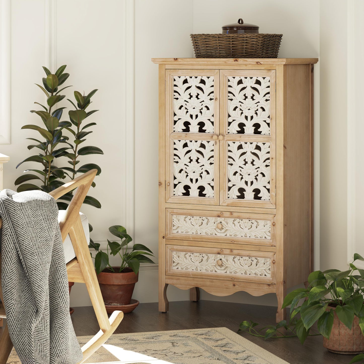 Aoikax 48" Boho Farmhouse Hollow Carved Pantry Cabinet with 2 Drawers
