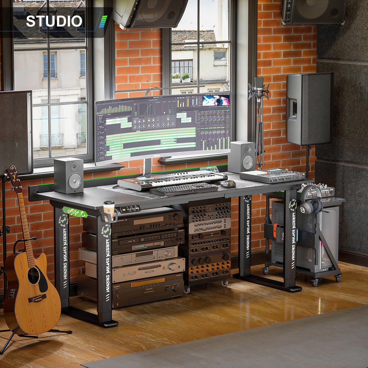 Klobel 71" Gaming Standing Desk for Gamers & Streamers, 4-Leg Electric Sit Stand Desk with LED Lights, Flip-Top Cable Management, Stable Computer Desk with Wheels