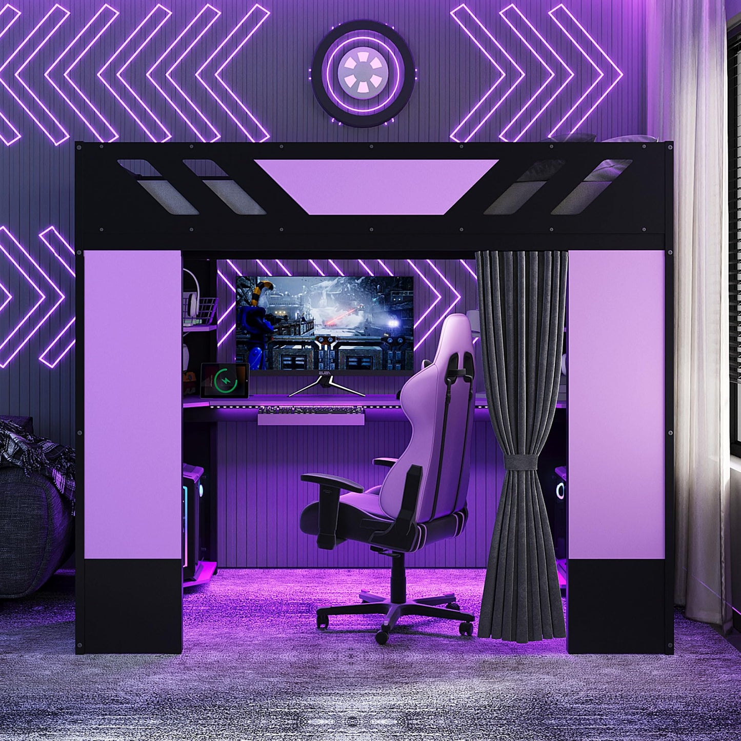 Merax Full Size Loft Bed with Desk and Storage Shelves, Gaming Loft Bed Frame with USB Charging Station and Curtains, Space Saving Loft Bed for Teens Bedroom, Purple + Black
