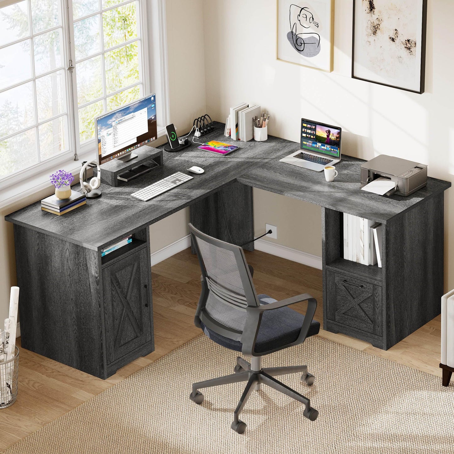 DWVO L Shaped Desk with File Drawer, 60" Corner Computer Desk with Power Outlets, Home Office Desk with Monitor Stand & Storage Shelves & File Cabinet, Grey