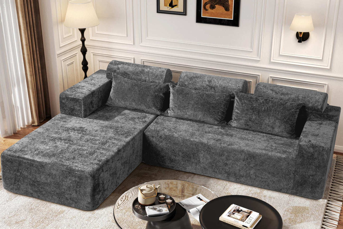 Homguava Modular Sectional Couches for Living Room,105" Cloud Couch with L-Shape Chaise,Comfy Sofa Living Room Couch with Deep Seat,No Assembly L Couch,Luxury Distressed Velvet(Grey,L)