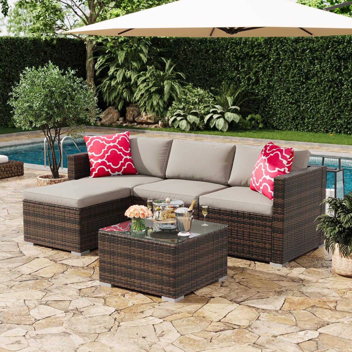 GAOMON 5-Piece All-Weather Patio Furniture Set, Convertible Outdoor Sectional Sofa with Ottoman & Tempered Glass Table, PE Rattan Conversation Set for Garden, Backyard, Porch, Poolside