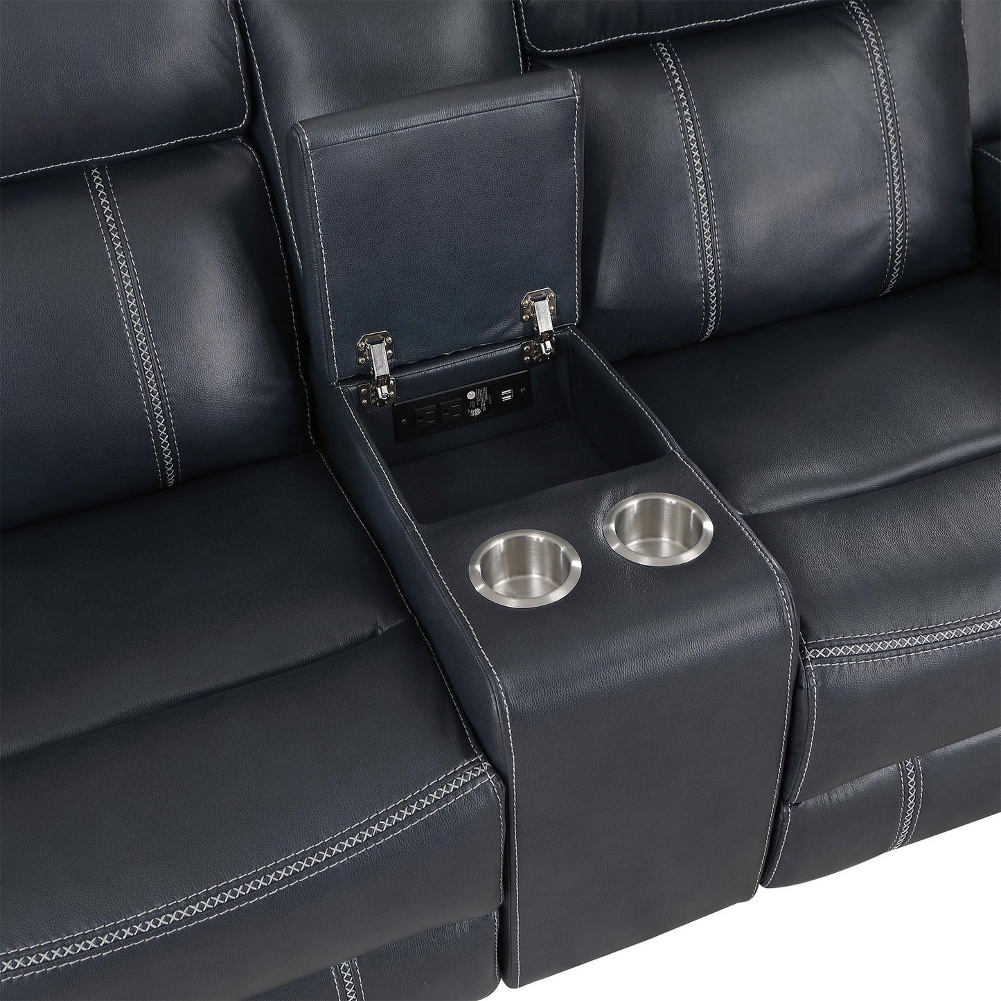 Lexicon Modern Double Reclining Loveseat, Faux Leather Recliner Loveseat with Headrest, Center Console, Receptacles and USB Ports, Manual Recliner Loveseat Sofa for Living Room/Office/Apartment, Blue
