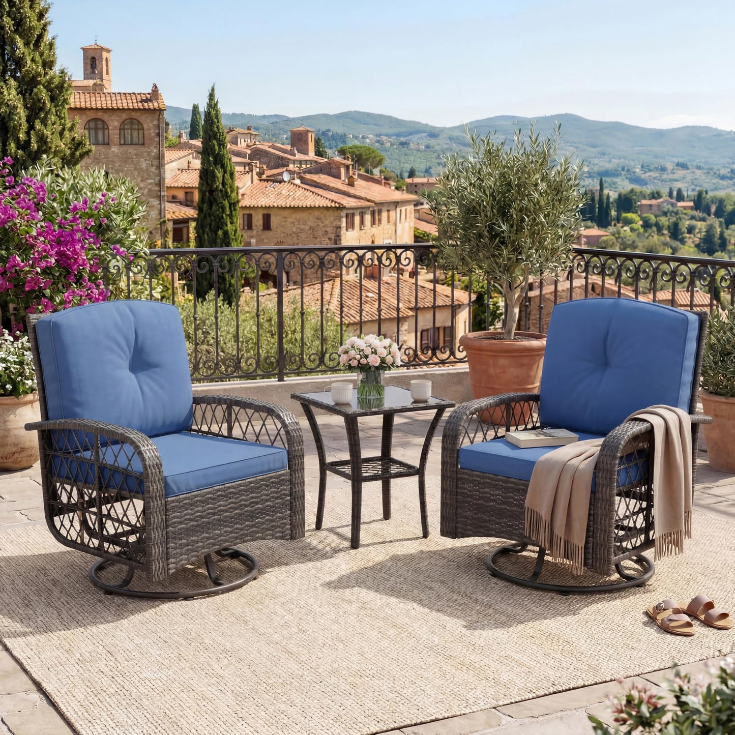 Garvee 3 Pieces Patio Furniture Set, Outdoor Swivel Glider Rocker Set w/Washable Cushion and Tempered Glass Tabletop, Conversation Furniture for Deck Porch Balcony Backyard Garden,Gray & Blue