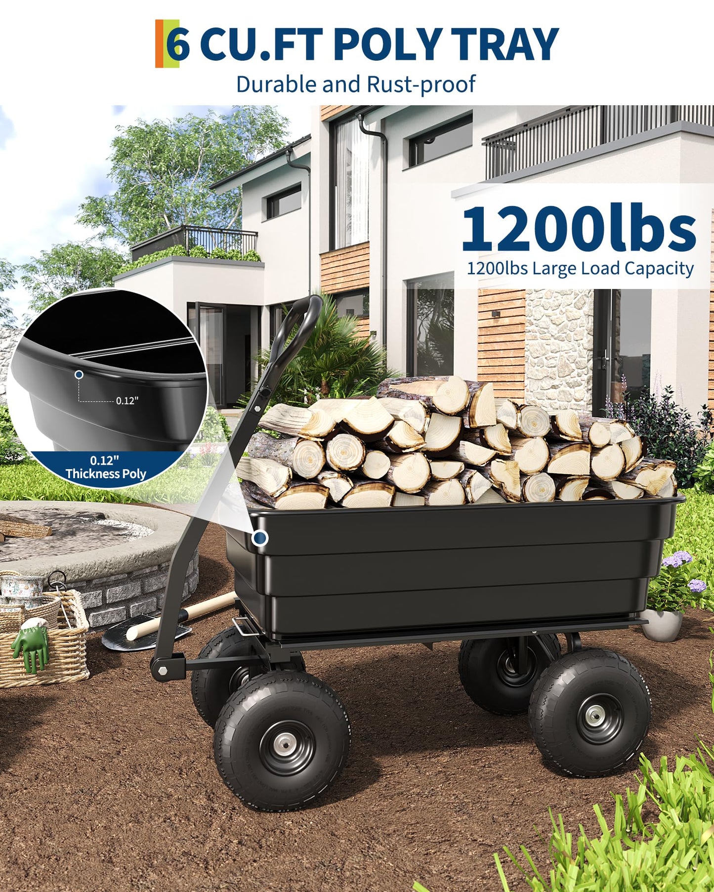GarveeLife Poly Dump Cart - Heavy Duty 1200lbs Garden Cart with Quick-Release Dumping 13" Tires, Utility Wagon for Yard Work, Landscaping, Gardening