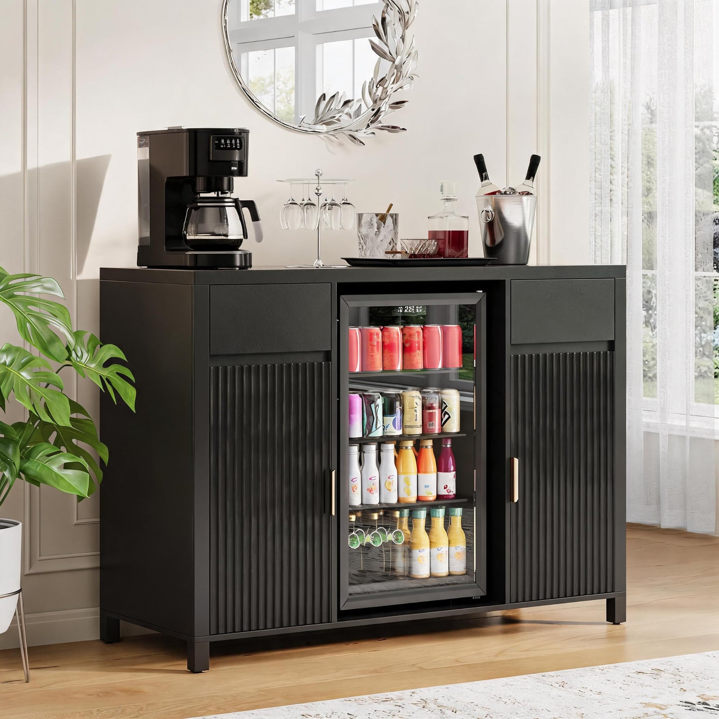 Garvee 53" Coffee Bar Cabinet with Fridge Space & Charging Station, Mini Fridge Cabinet with Wine Rack, Large Buffet Sideboard Table, Fluted Liquor Cabinet for Living Room, Dining Room, Kitchen, Black