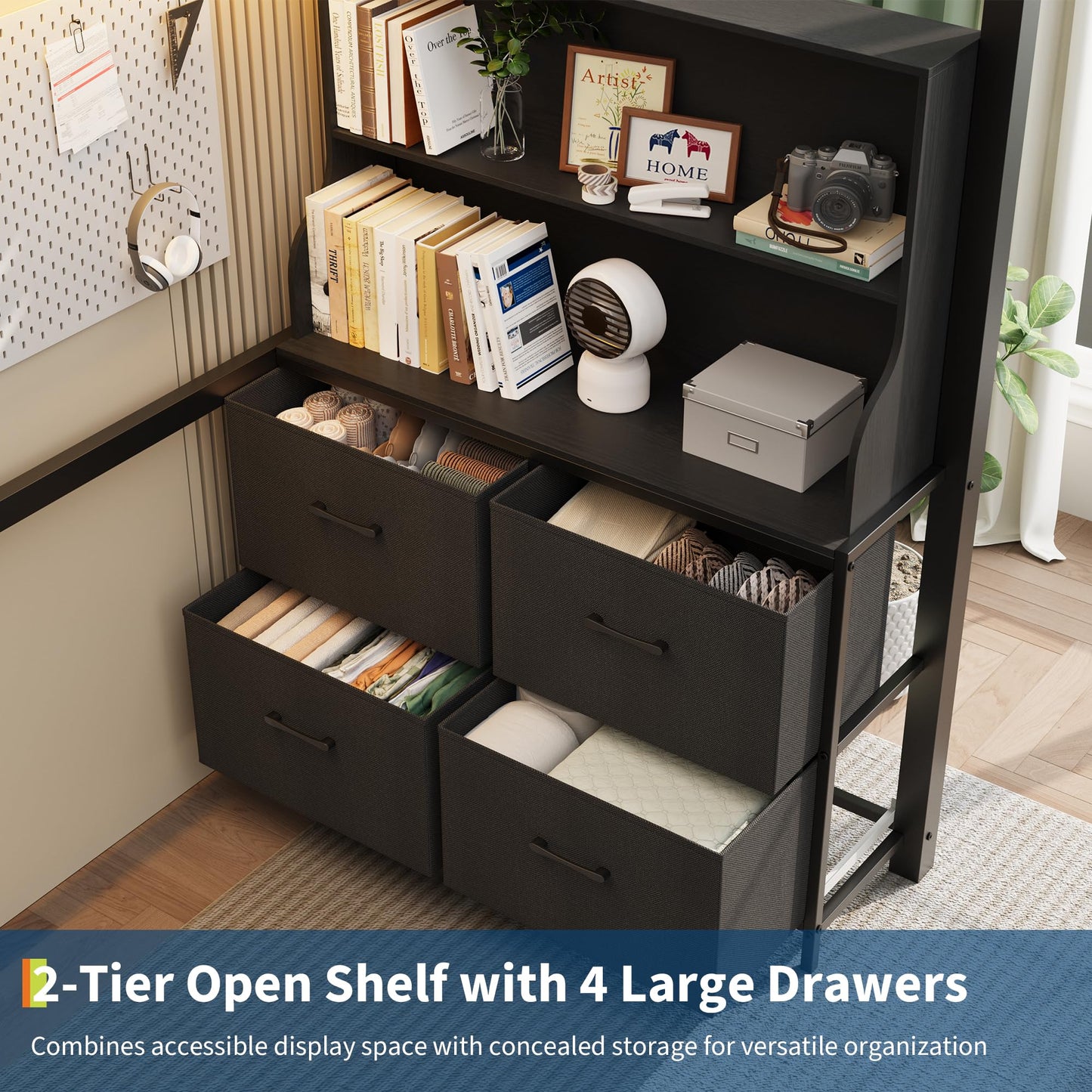 Twin Size Loft Bed with Desk, 4 Large Fabric Drawers and Open Shelves, Heavy Duty Metal Loft Bed with LED Lights, Power Outlets, Safety Guardrails & Ladder, Space Saving, No Box Spring Needed, Black