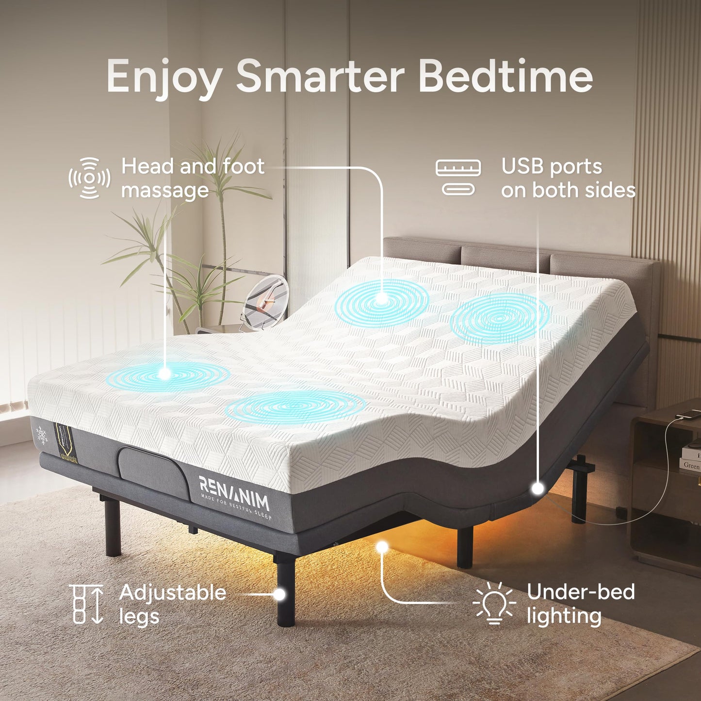 Renanim SF Full Size Adjustable Bed Frame with Mattress - 12" Hybrid Memory Foam - Electric Massage - Wireless Remote for Head & Foot Incline - Zero Gravity - Underbed Night Lights & 4 USB Ports