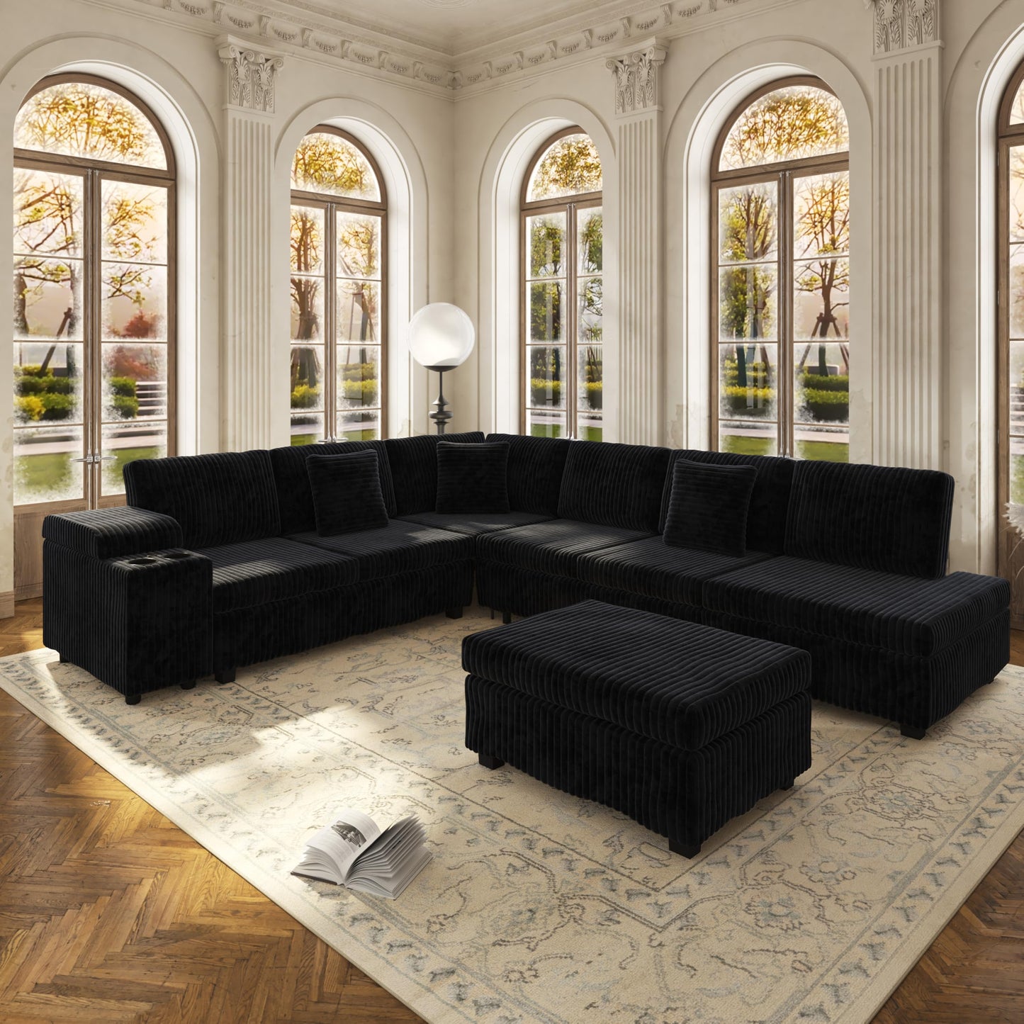 KEIKI 110" L-Shaped Oversized Plush Corduroy Modular Sectional Sofa with Pull-Out Bed, Convertible 6-Seater Sleeper Couch Bed with 1 Ottomans & USB & Cup Holders, Easy Assembly, for Living Room, Black