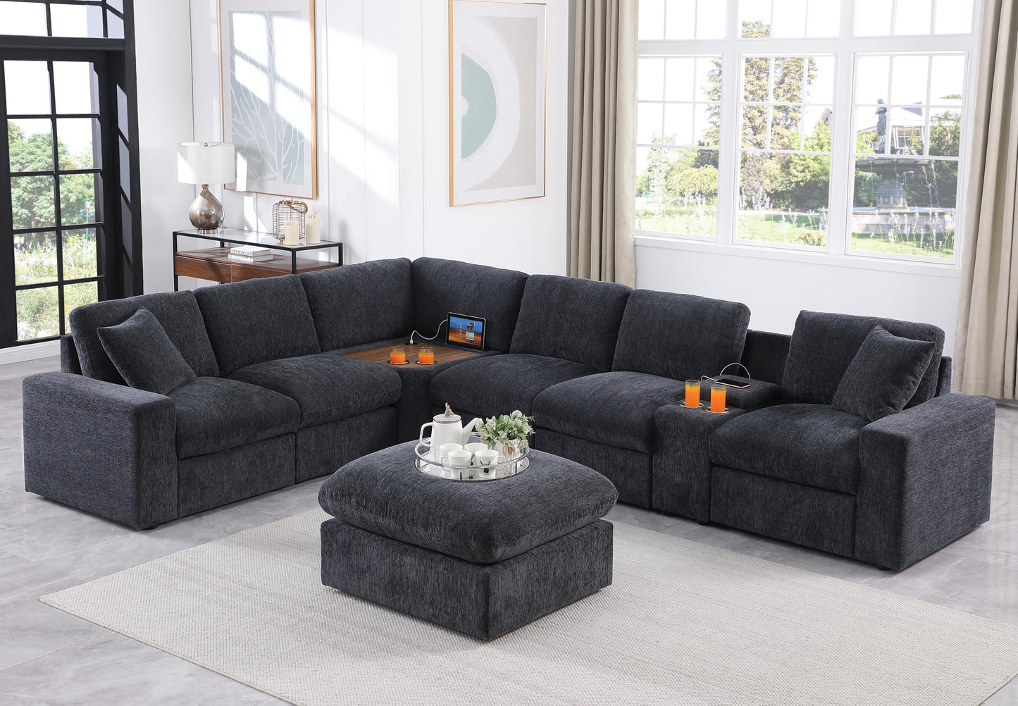 Ball & Cast 127" Oversized Modular L-Shaped Sectional Sofa,Large Chenille Upholstered Couch 7 Seat with Ottoman,Cup Holders&USB Ports,Comfty Sectionals W/Pillows&Storage Box,for Living Room,Dark Gray