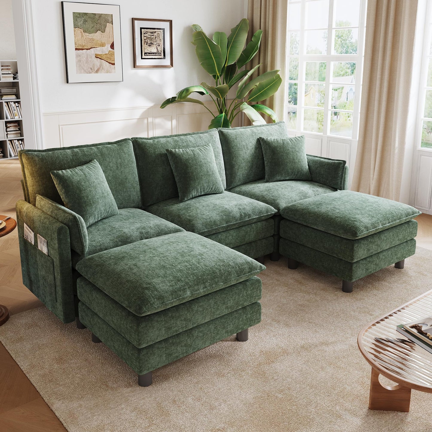 LINSY HOME 98'' Modular Sectional Sofa 3 Seat Couch Chenille Cloud Couch with Deep Seat, U Shaped Couch with 2 Movable Ottoman for Living Room, Office, Bedroom, Green(Pillows Included)