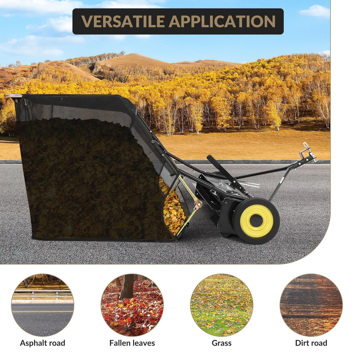 52" Heavy Duty Tow Behind Lawn Sweeper - 26 Cu.ft Hopper, Adjustable Sweeping Height, Pull Behind Yard Sweeper for Leaves, Grass & Debris, Compatible with Riding Mowers, Tractors, ATVs, Black