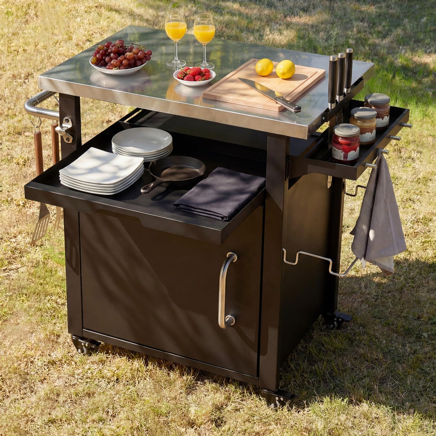 Merax 39.5" Outdoor Grill Cart with Pizza Topping Station, Grill Table Stand with Spice & Paper Rack for BBQ, Movable Food and Prep Workcart, Rolling Kitchen Island, Waterproof Cover Included, Black