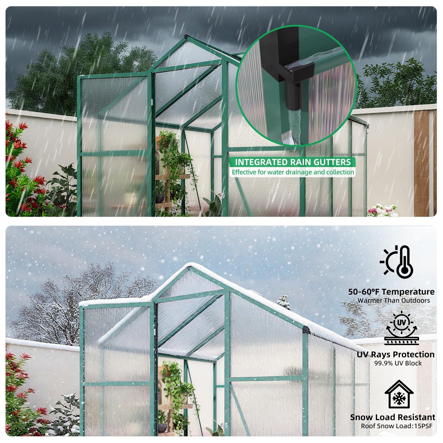 YOPTO 6x6 FT Greenhouse,Outdoor Greenhouse W/ Roof Vent,Walk-in Aluminum Polycarbonate Green Houses W/ Drainage System & Ground Nails,for Outside Garden,Backyard,Patio,Lawn,Green
