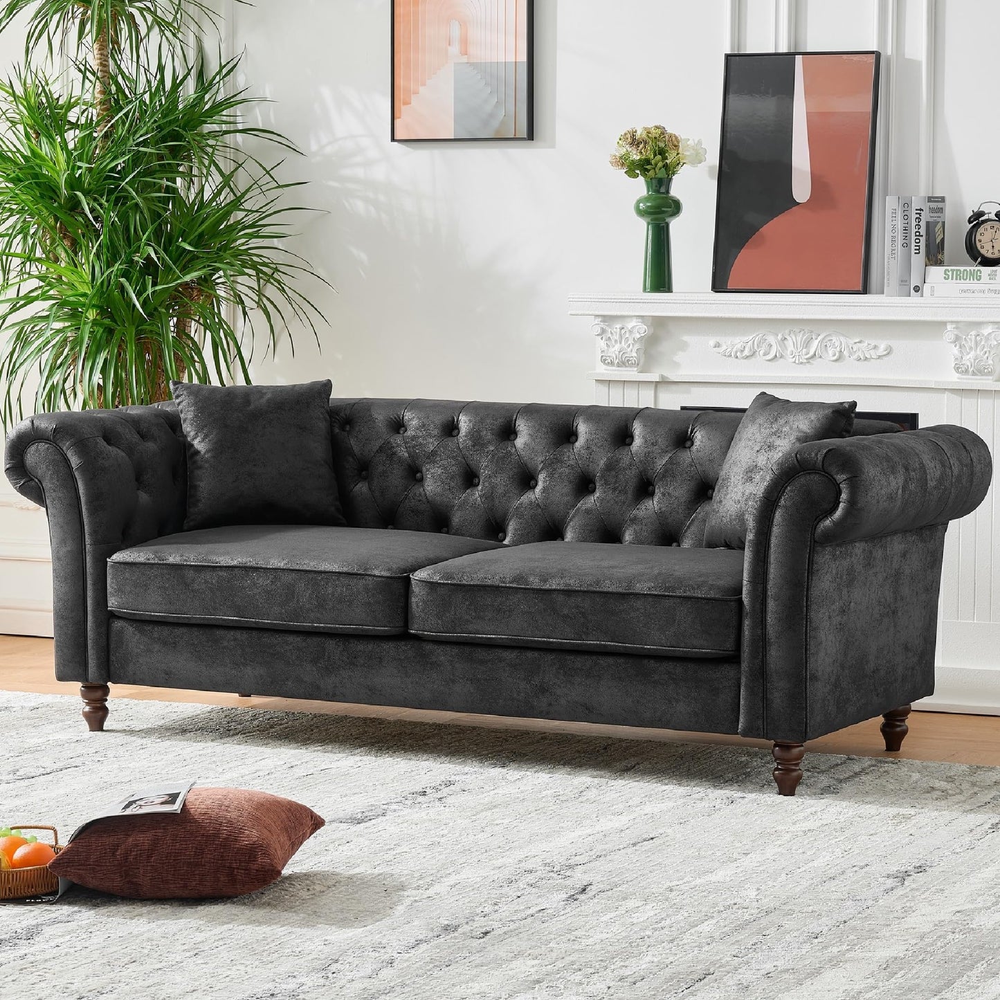 KEIKI Luxury Modular Chesterfield Leather Sofa Couch Set, Mid Century Modern Combo 5 Seater Couches w/Roll Armrest, Comfy Sleeper Cloud SofaBed for Office & Apartment Living Room, Easy Assembly, Black
