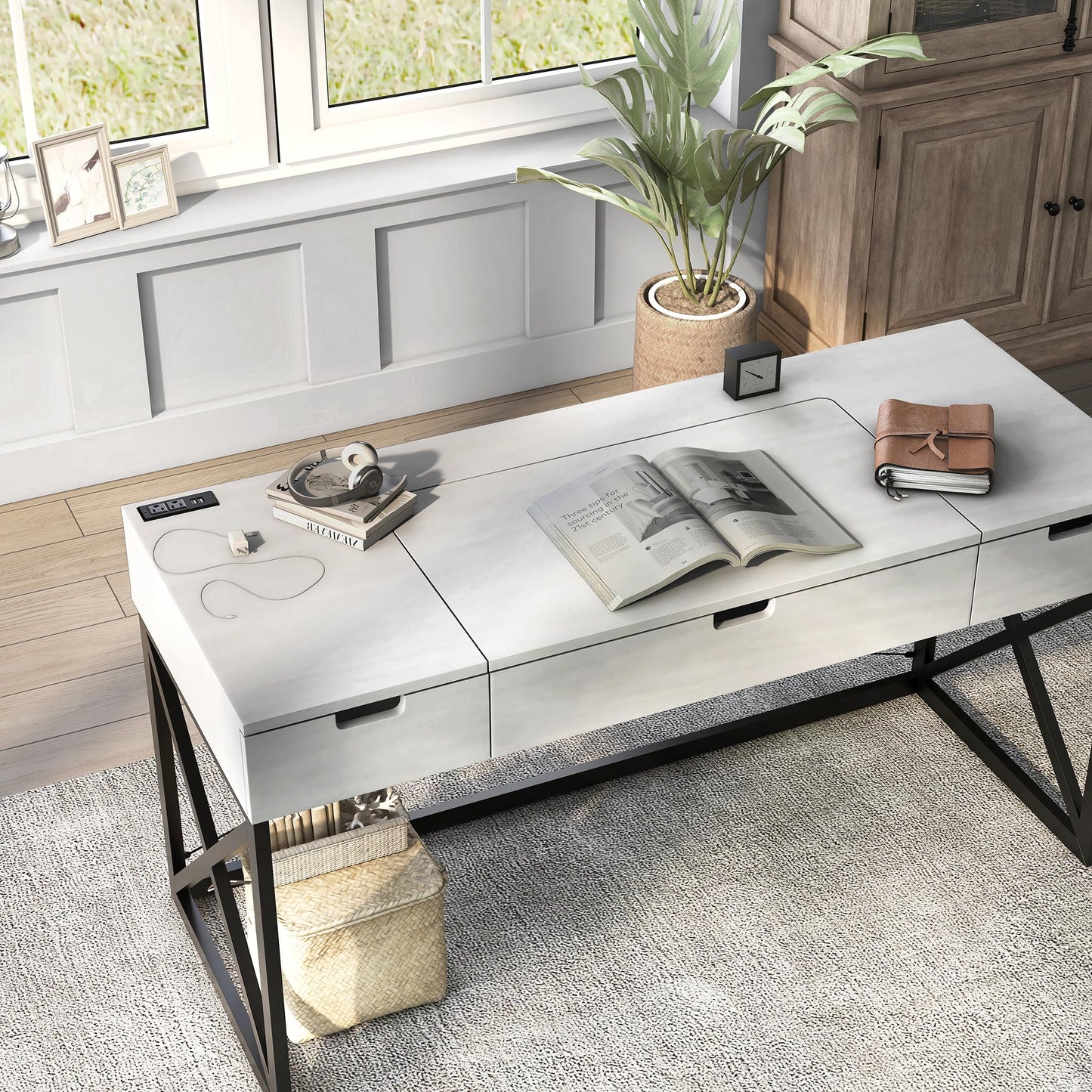 24/7 Shop at Home Ashiya Transitional 2 Drawers Metal Hidden Storage Desk with Lift-Top, USB Port, Power Outlet for Workstation, Home Office, Study Room, Antique White