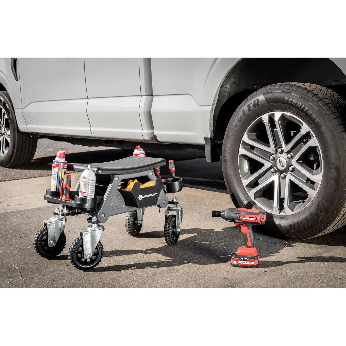 Powerbuilt Big Wheel Rolling Seat, Off-Road Series, Locked in Tool Trays, Heavy-Duty Wheels for Gravel and Rocks - Grey 642965ECE