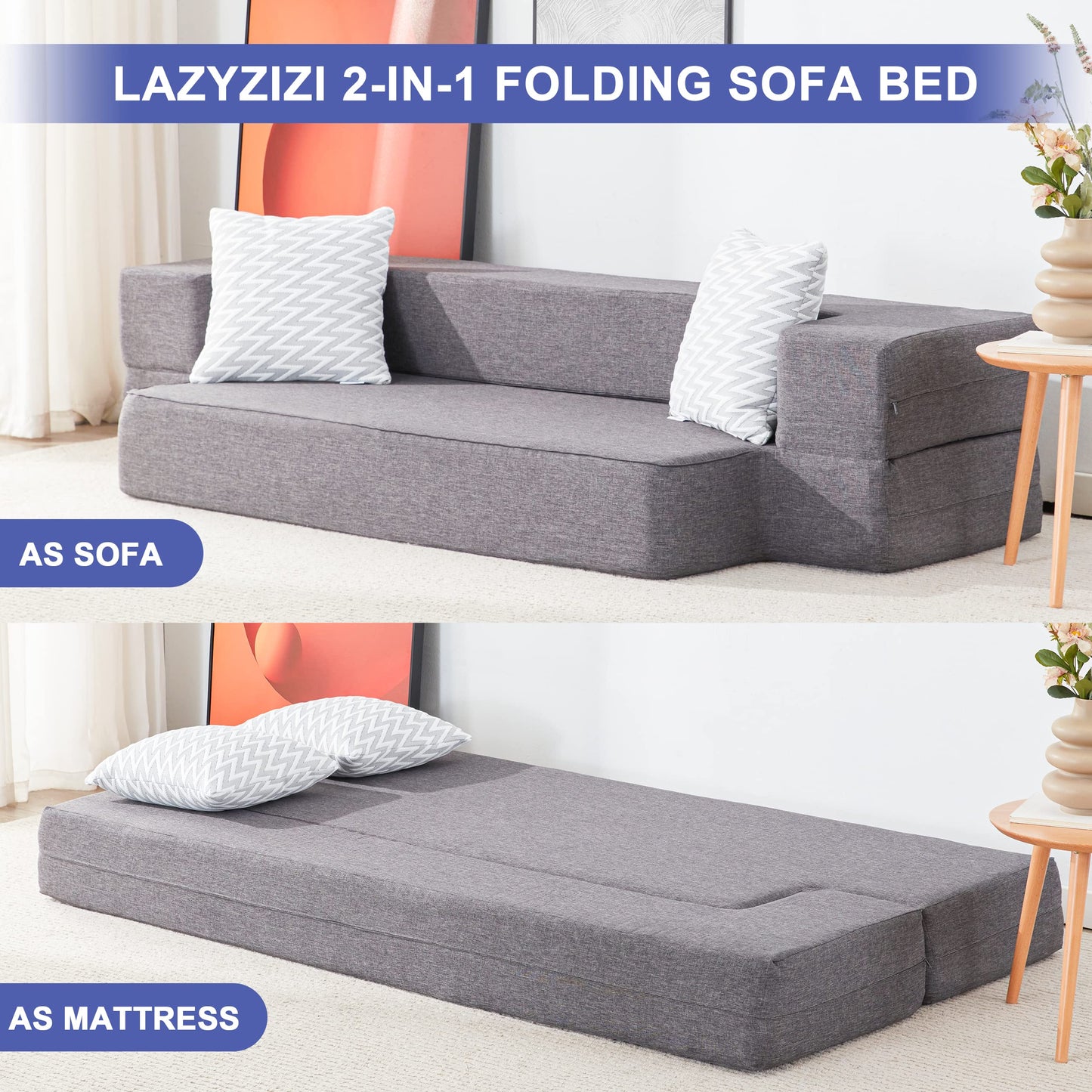 Lazyzizi Floor Sofa Bed, Convertible Sleeper Lounge Couch Folding Mattress with 2 Pillows & Washable Cover for Living Room, Guest, Playroom, Queen