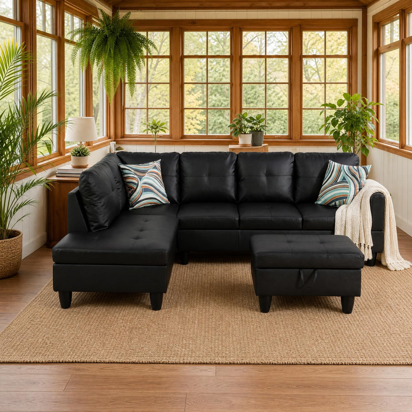 NicBex Sectional Couch 3 Pieces Sofa Set, L-Shaped Modular Couches for Living Room, Furniture Sets with Lounge Chaise & Storage Ottoman, Multi-Scene Use for Apartment & Office, Black