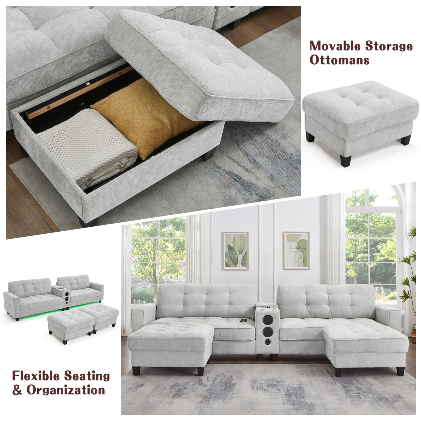Eafurn 126" Oversized U-Shaped Modular Sectional Sofa with 2 Storage Ottomans, Multi-Functional Symmetrical Tufted Sectional Sofa Couch with Speakers, Wireless Charging, USB Ports & Cup Holders