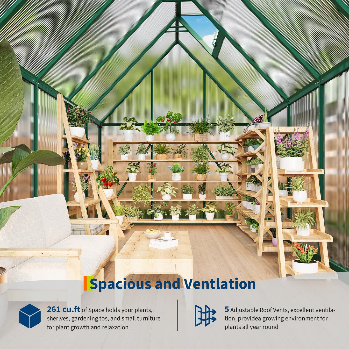 GarveeHome 6×9 FT Outdoor Greenhouse, Large Walk in Greenhouses for Outdoors and Garden Planting, Polycarbonate Green House with Enhanced Aluminum Frame and W/Lockable Push Door, Green