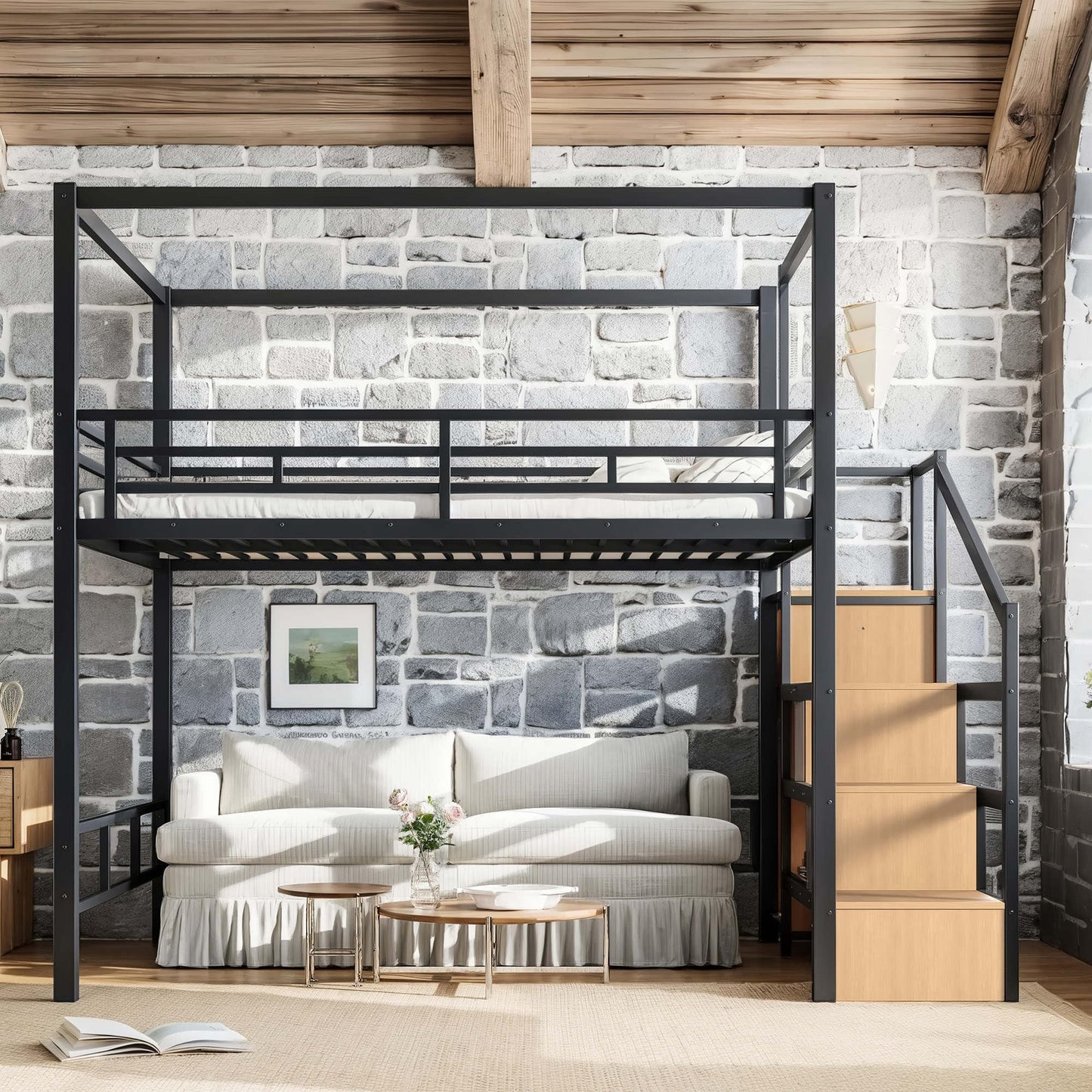 Bellemave Queen Size Loft Bed Frame with Storage Stairs and Wardrobe, Queen Size Game Loft Bed with Canopy Frame, Heavy Duty Loft Bed for Adults Teens Black