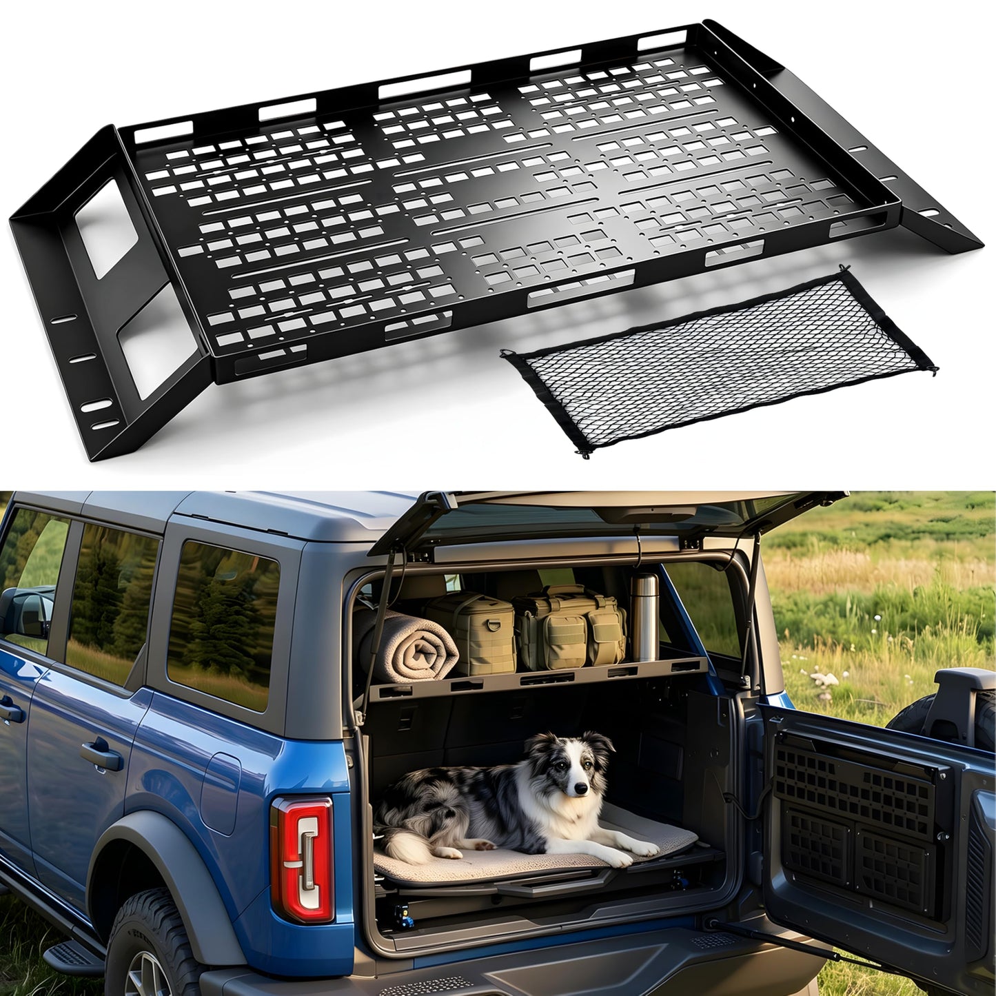 Interior Rear Cargo Basket Rack Fit for 2021-2026 Ford Bronco 4 Door Hardtop, Elevated Storage Shelf with Cooler Clearance, Overlanding Organizer with Bonus Cargo Net (Not for Softtop)