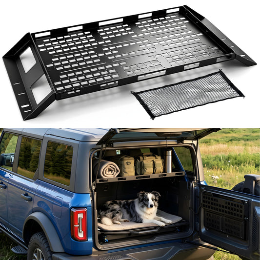Interior Rear Cargo Basket Rack Fit for 2021-2026 Ford Bronco 4 Door Hardtop, Elevated Storage Shelf with Cooler Clearance, Overlanding Organizer with Bonus Cargo Net (Not for Softtop)