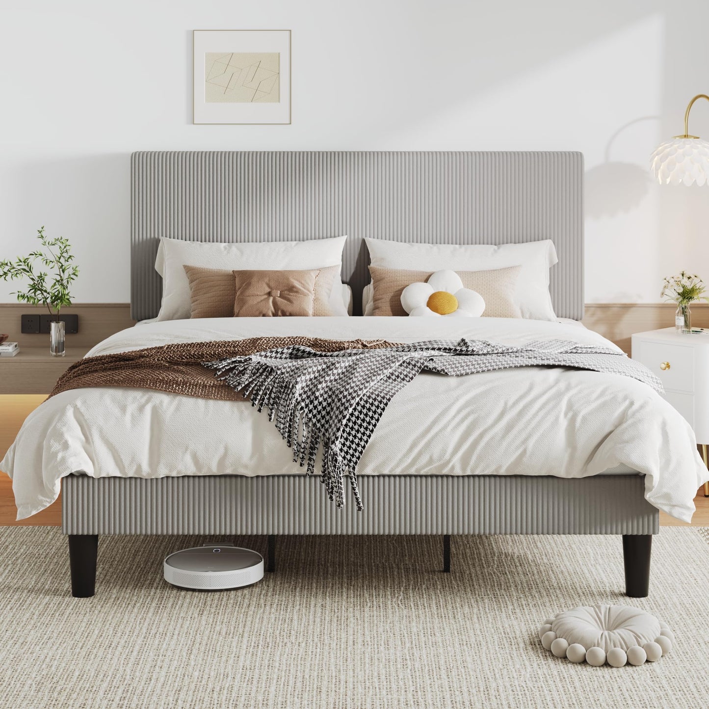 Allewie King Size Upholstered Bed Frame with Vertical Channel Tufted Headboard, Soft Corduroy Fabric Platform Bed, Strong Wooden Slats Support, Easy Assembly, No Box Spring Needed, Light Grey
