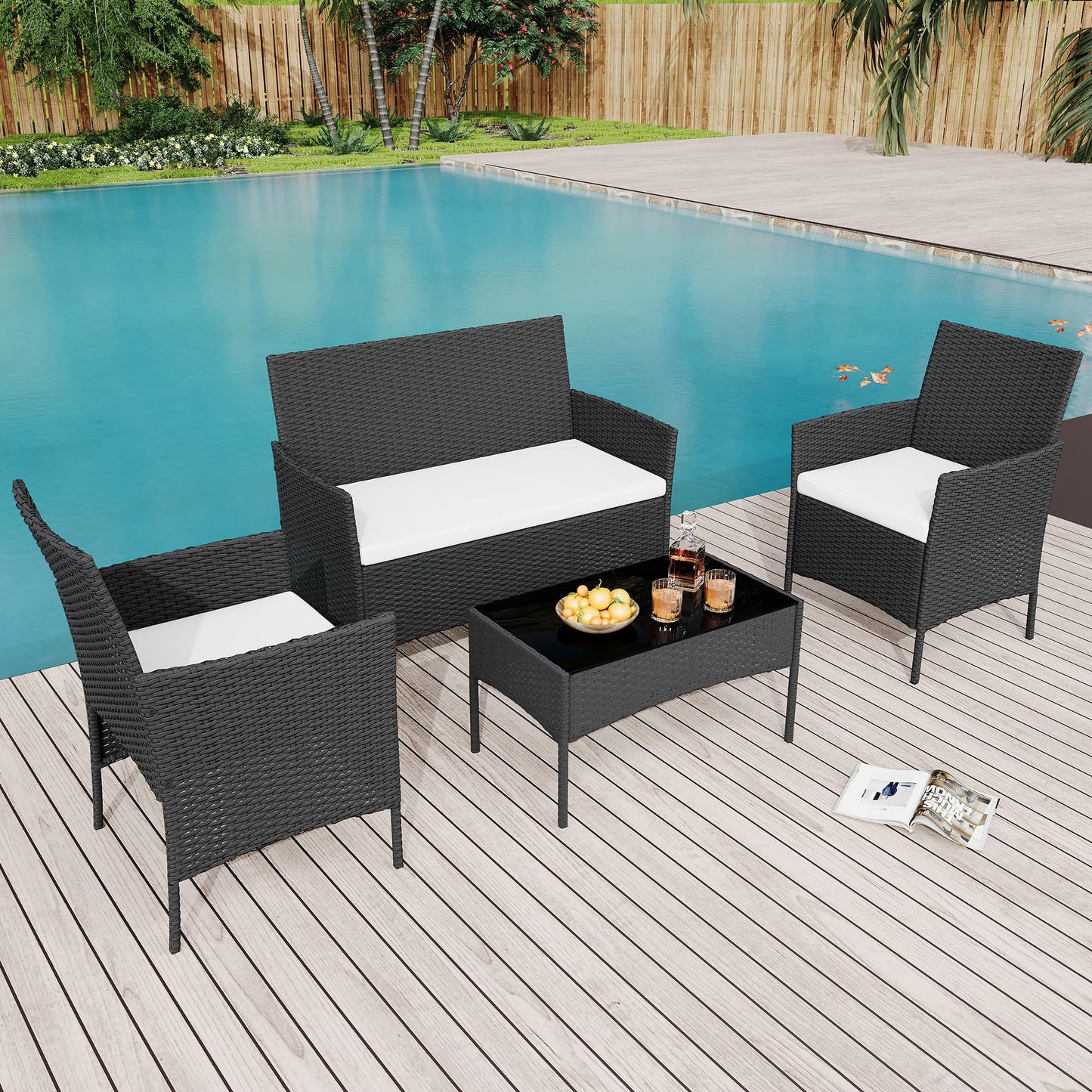 GarveeLife 4-Piece Patio Furniture Set, Rattan Outdoor Furniture with Upholstered Sofa, 2 Chairs & Coffee Table, Modern Conversation Bistro Set for Garden Backyard Porch (Black and Beige)