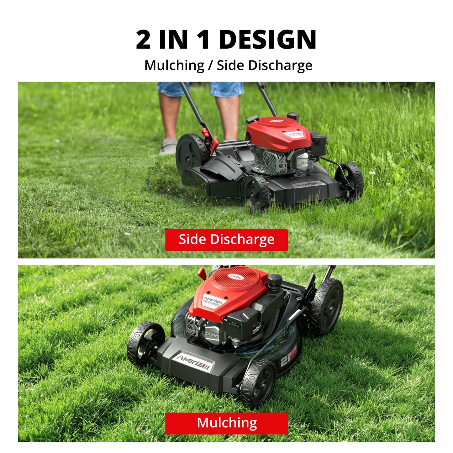 AMERISUN 21" Gas Lawn Mower, 144cc Engine, 2-in-1 Mulching & Side Discharge, 6-Position Height Adjustment, Foldable Handles for Lawn, Yard, and Garden Maintenance